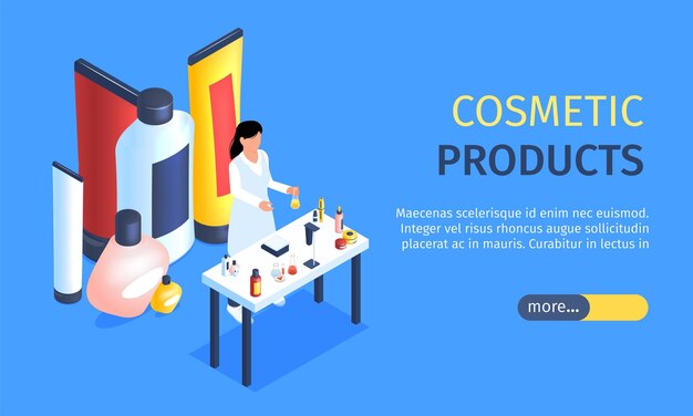 Banner horizontal de productos cosméticos con personaje femenino que representa artículos para el cuidado de la piel del spa de higiene y la ilustración vectorial isométrica del perfume