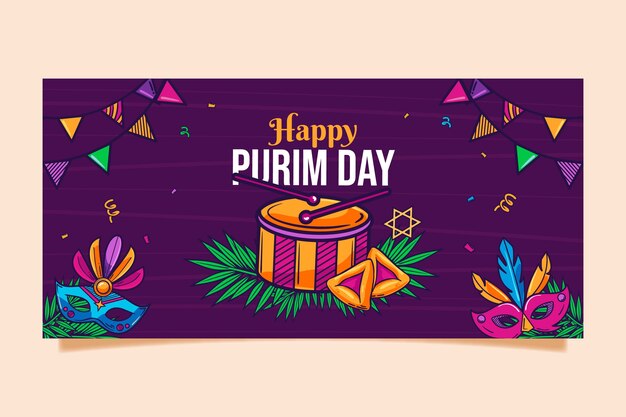 Vector gratuito banner horizontal de purim dibujado a mano