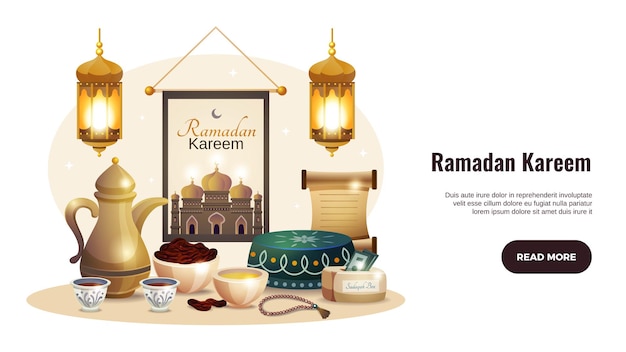 Vector gratuito banner horizontal de ramadan kareem con linternas brillantes e ilustración de comida tradicional