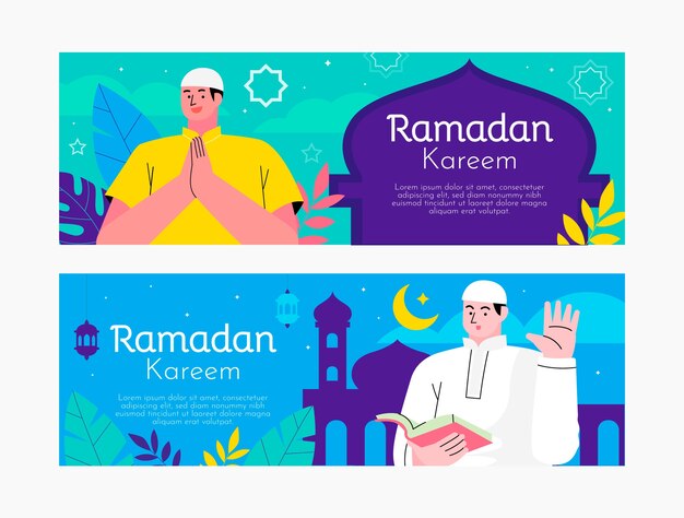 Banner horizontal de ramadán plano dibujado a mano
