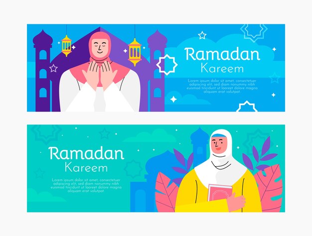 Banner horizontal de ramadán plano dibujado a mano