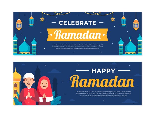 Banner horizontal de ramadán plano dibujado a mano