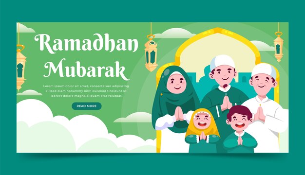 Banner horizontal de ramadán plano dibujado a mano