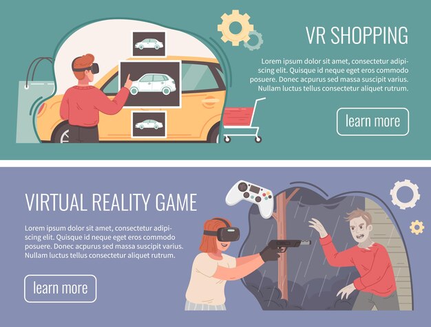 Banner horizontal de realidad virtual aumentada con juegos de ciberespacio y compras ilustración vectorial aislada