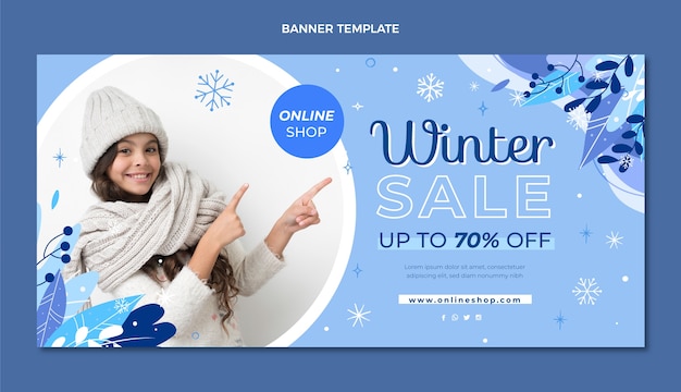 Banner horizontal de rebajas de invierno plano