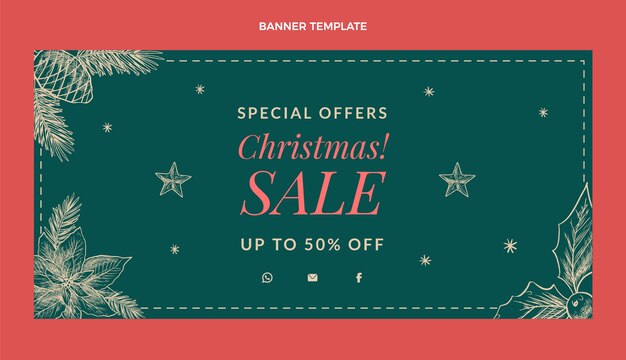 Banner horizontal de rebajas navideñas dibujadas a mano