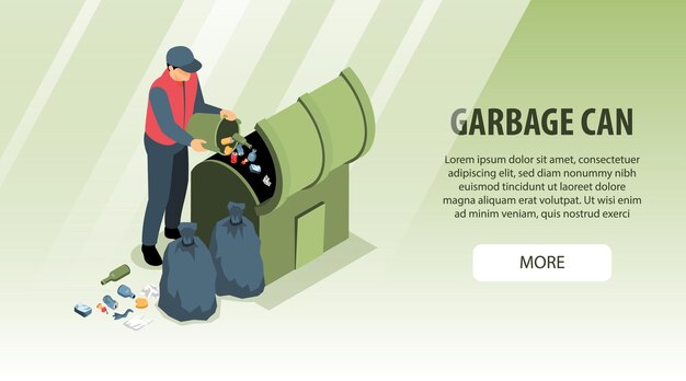Banner horizontal de reciclaje de residuos de basura isométrica con carácter humano que arroja basura en lata con texto