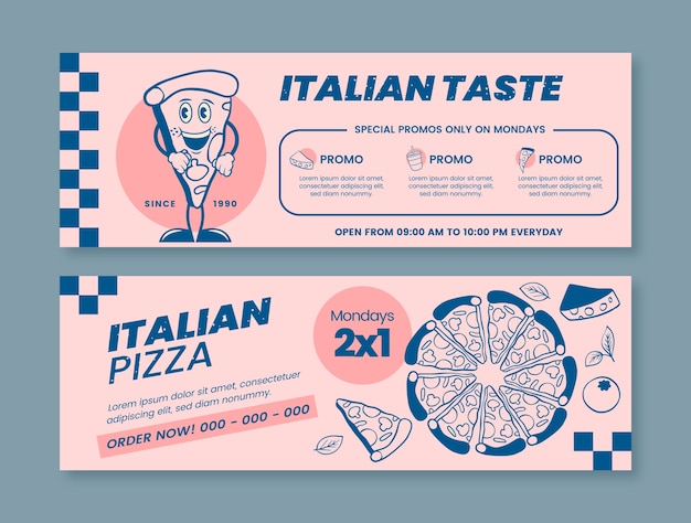 Banner horizontal de restaurante de pizza dibujado a mano