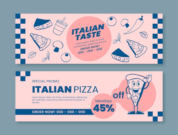 Banner horizontal de restaurante de pizza dibujado a mano