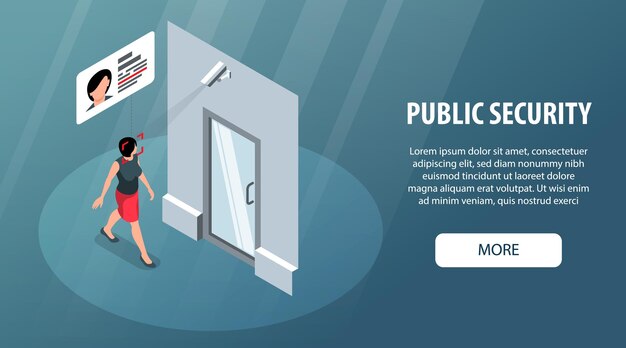 Banner horizontal de seguridad pública isométrica con cámara de puerta que reconoce la cara de la mujer y texto editable con ilustración de vector de botón