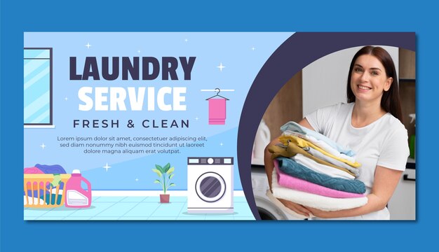Banner horizontal de servicio de lavandería dibujado a mano