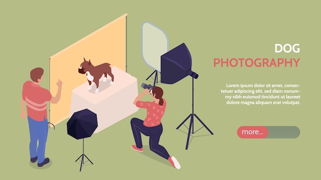 Banner horizontal de sesión de fotos con una fotógrafa arrodillada fotografiando a un perro que se queda en la caja cerca de la ilustración vectorial isométrica del propietario