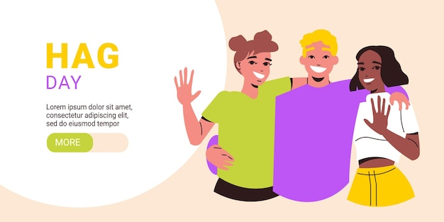Banner horizontal del sitio web del día del abrazo con una ilustración vectorial plana de amigos abrazados sonrientes