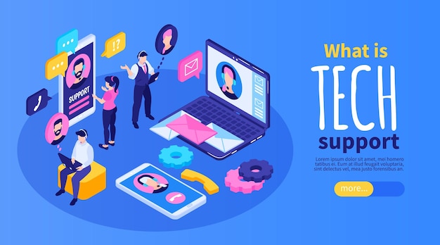 Banner horizontal de soporte técnico isométrico con iconos de teléfonos inteligentes, engranajes, burbujas de chat, personas y texto con ilustración de vector de botón