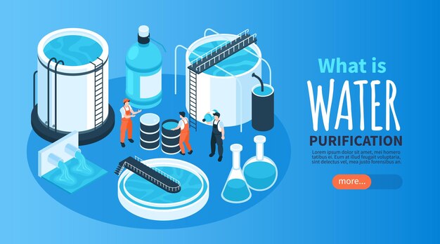 Banner horizontal de tecnología de purificación de agua isométrica con botón de texto más y tanques con ilustración de vector de líquido y trabajadores