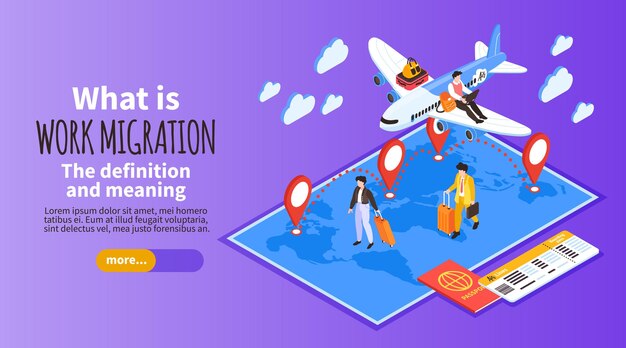 Banner horizontal de trabajadores migrantes con símbolos de definición y significado ilustración vectorial isométrica