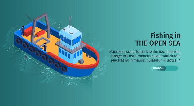 Banner horizontal de transporte de agua isométrica con texto editable e imagen de barco de pesca en mar abierto