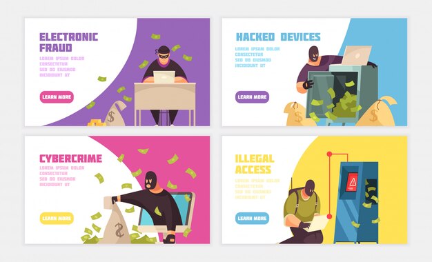 Banner horizontal de tres piratas informáticos con fraude electrónico hackeado dispositivo cibercrimen y titulares de acceso ilegal ilustración vectorial