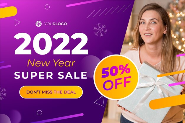 Banner horizontal de venta de año nuevo degradado