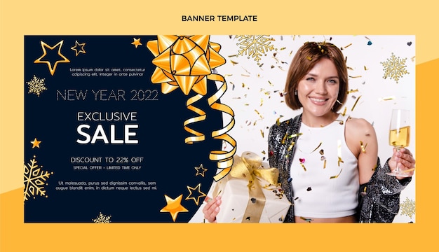 Banner horizontal de venta de año nuevo dibujado a mano