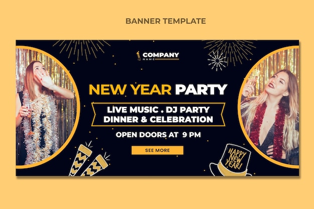 Banner horizontal de venta de año nuevo plano dibujado a mano