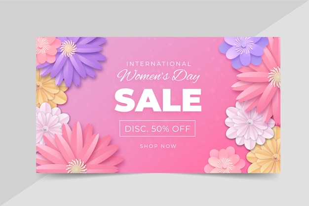 Banner horizontal de venta del día internacional de la mujer de estilo papel