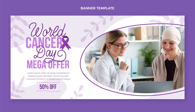 Vector gratuito banner horizontal de venta del día mundial del cáncer plano