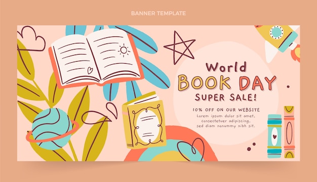 Banner horizontal de venta del día mundial del libro plano