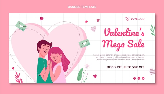 Vector gratuito banner horizontal de venta de día de san valentín plano