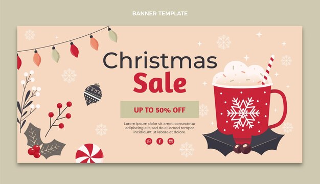 Banner horizontal de venta de navidad plano dibujado a mano