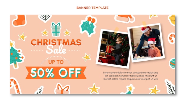 Banner horizontal de venta de navidad plano dibujado a mano