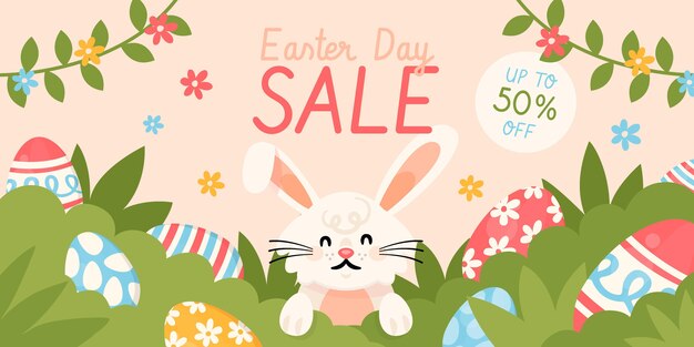 Banner horizontal de venta de pascua plana