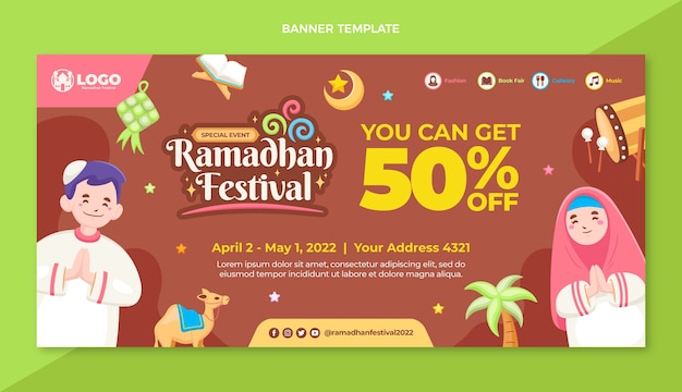 Vector gratuito banner horizontal de venta plana de ramadán