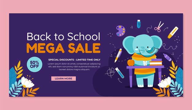 Banner horizontal de venta plana de regreso a la escuela con elefante