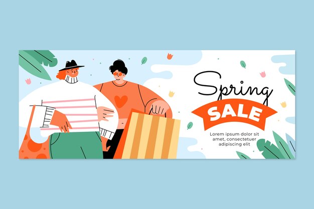 Banner horizontal de venta de primavera plana
