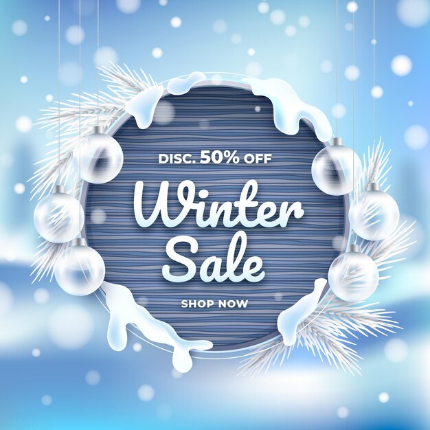 Banner y ilustración realista de rebajas de invierno