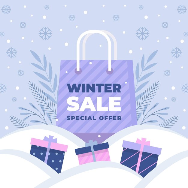Banner y ilustración de rebajas de invierno plano