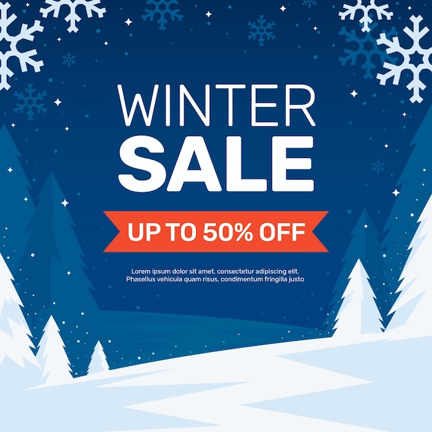 Banner y ilustración de rebajas de invierno plano