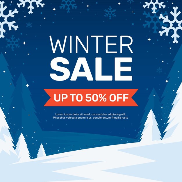 Banner y ilustración de rebajas de invierno plano
