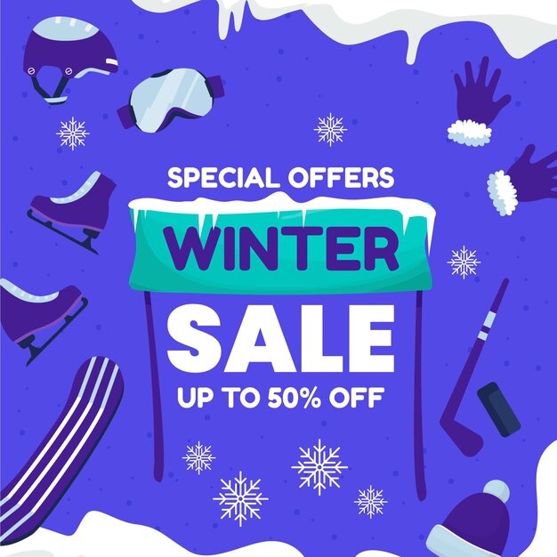 Banner y ilustración de rebajas de invierno plano