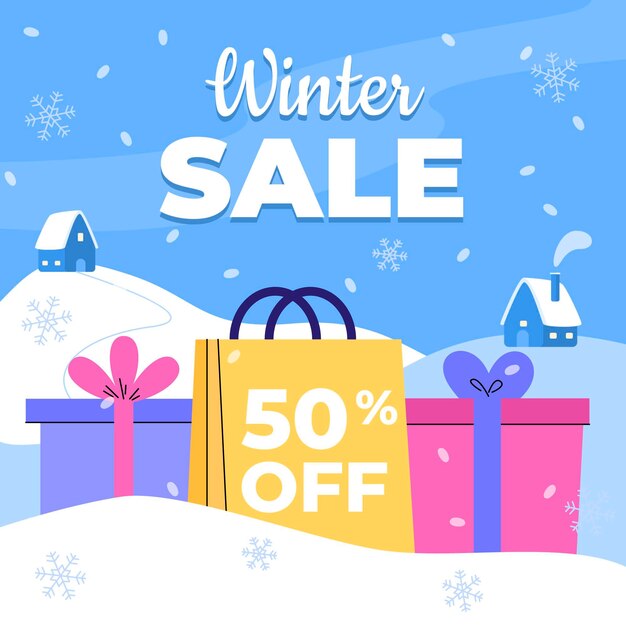 Banner y ilustración de rebajas de invierno plano