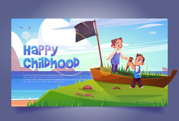Banner de infancia feliz con niños jugando en piratas