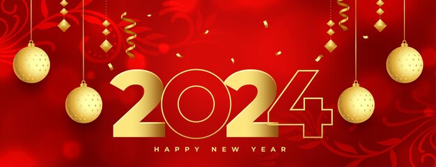 banner de invitación de año nuevo de estilo de línea 2024 con vector de bola de navidad colgante