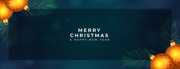 Banner de invitación de feliz navidad con decoración de adorno dorado