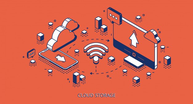 Banner isométrico de almacenamiento en la nube, tecnología digital