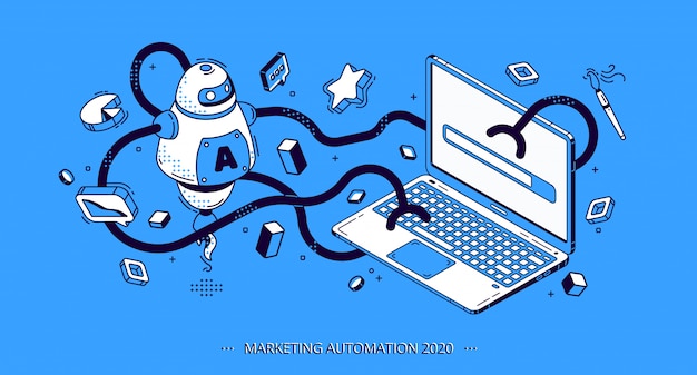 Banner isométrico de automatización de marketing 2020, SEO