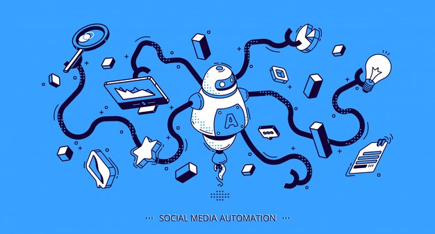 Banner isométrico de automatización de redes sociales. SEO