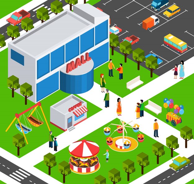 Banner isométrico del centro comercial