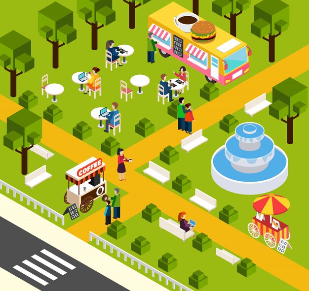 Banner isométrico de comida rápida de camiones de comida rápida
