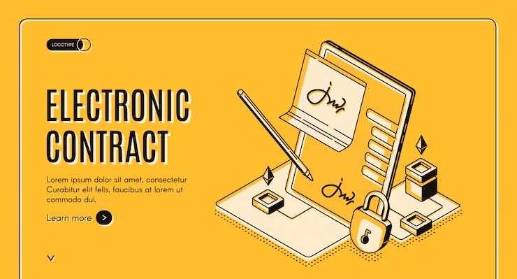 Vector gratuito banner isométrico de contrato electrónico,